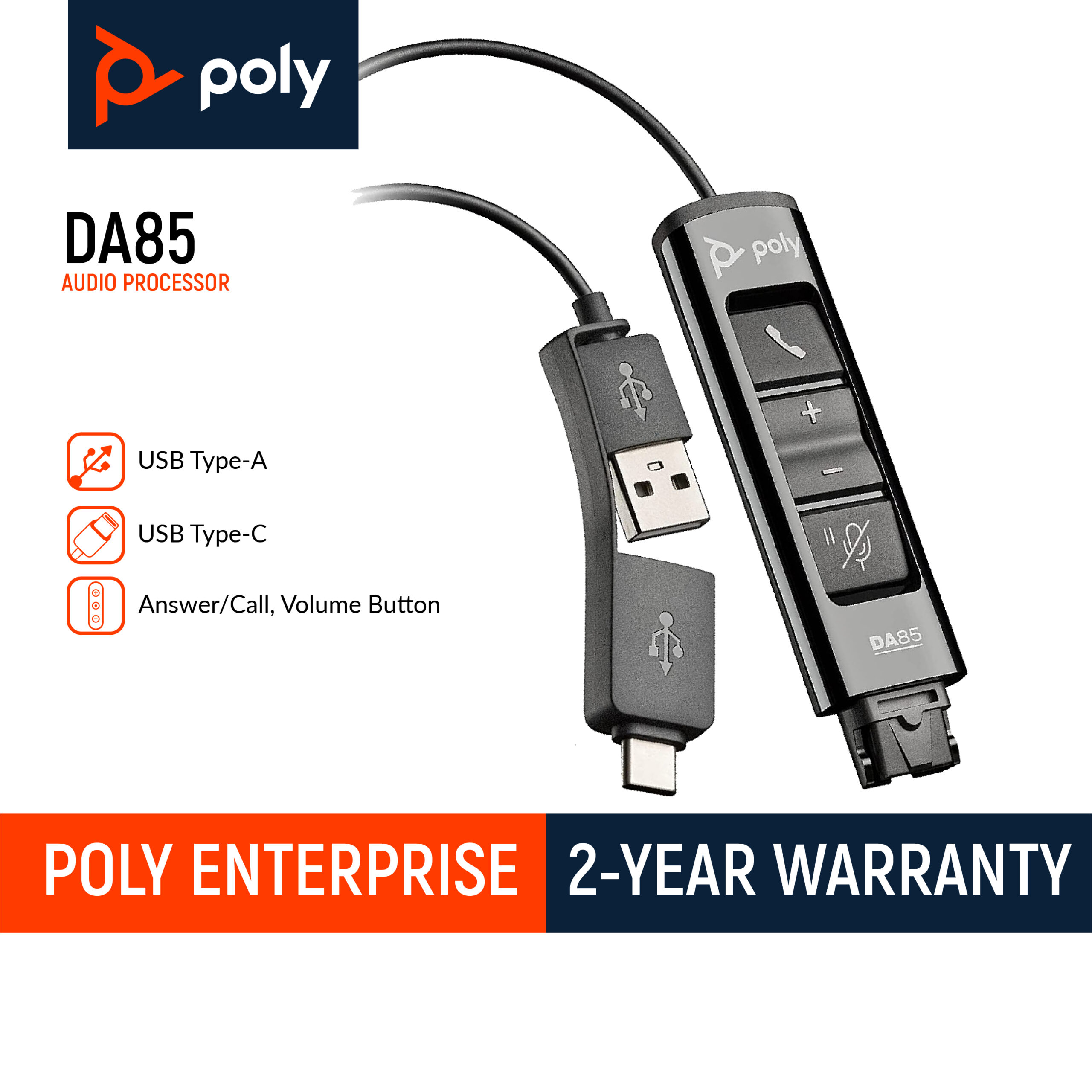 Poly - DA85 UC USB-to-Headset QD Audio Processor (4 pin) (inline controls) (USB-A and USB-C)